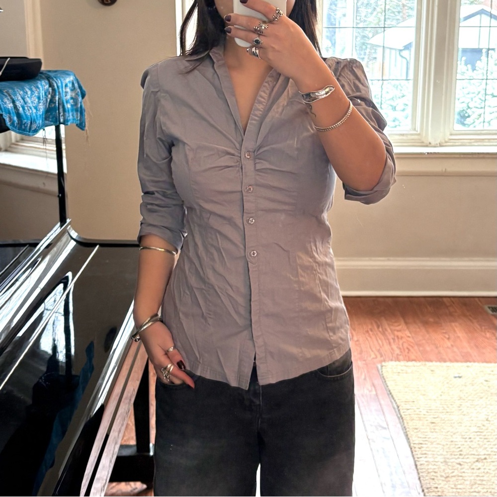 Vintage Purple Gray Button-Up Blouse Shirt 3/4 Sleeves
